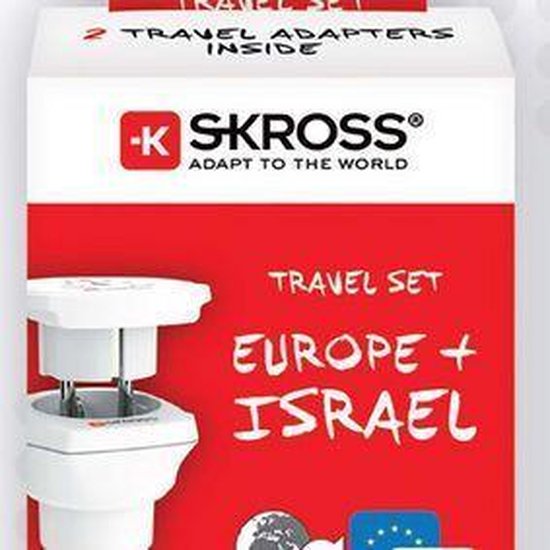 Doos SKROSS 'TRAVEL SET EUROPE + ISRAEL' met een afbeelding van een adapter.