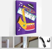 Set of jazz festival posters with saxophone, trombone, clarinet, violin, double bass, piano, trumpet, bass drum and banjo, guitar. Suitable for acoustic music events and jazz conce