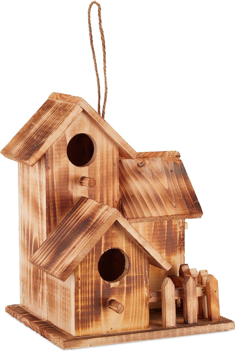 Relaxdays Maison d'oiseau déco, à suspendre, bois non traité, rustique,  balcon, jardin, maisonnette, 16x16x16 cm, nature