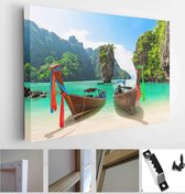 Travel photo of James Bond island with thai traditional wooden longtail boat and beautiful sand beach in Phang Nga bay, Thailand - Modern Art Canvas - Horizontal - 1891920235 - 115