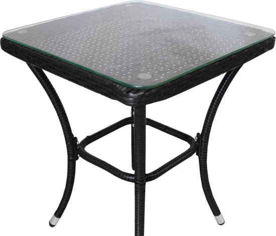 Zwarte rotan tafel met glazen blad.
