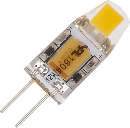 G4 LED lamp met glazen kap, 12V, met een gele LED chip. De printplaat bevat 'SPL 1604 107D'.
