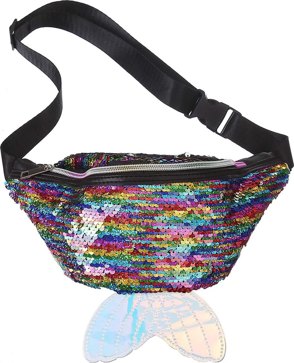 KIMU® Heuptasje Kinderen Klein Tasje Zeemeermin Regenboog - Pailletten Meisje Dames Heuptas Mermaid Kindertasje Sequin Wit Kind Glitter Kinder Tas Glitters Roze Festival