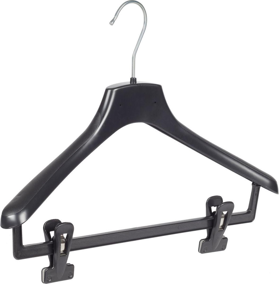 De Kledinghanger Gigant - 10 x Mantelhanger / kostuumhanger kunststof zwart met schouderverbreding en anti-slip knijpers, 38 cm