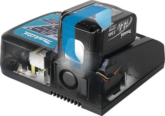 Zwarte Makita oplader met transparante behuizing, turquoise batterij en zichtbare interne componenten.