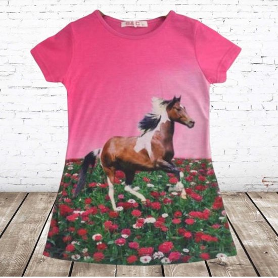 Lang roze meisjes t shirt met paarden print
