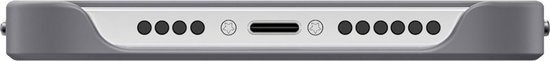 Étui de téléphone gris avec port USB-C et trous pour haut-parleur.