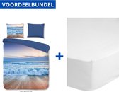 Luxe Zachte Dekbedovertrek Tweepersoons - Lits Jumeaux - 240x200/220cm - Inclusief 2 Kussenslopen - 100% Versterkt Katoen - Blue Sea - Blauw + Zachte Katoenen Hoeslaken - 180x200cm - Wit