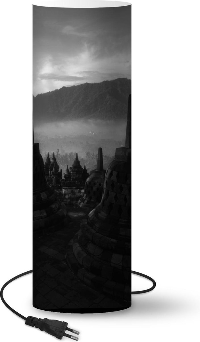 Lamp - Nachtlampje - Tafellamp slaapkamer - Indonesië - Berg - Zwart - Wit - 50 cm hoog - Ø15.9 cm - Inclusief LED lamp