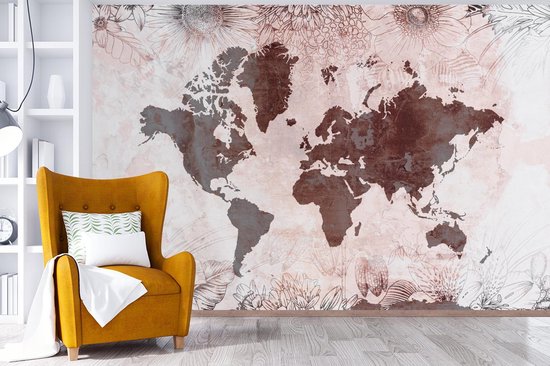 Carte du monde rouge foncé avec un motif gris dessus, décorée d'illustrations de fleurs 390x260 cm