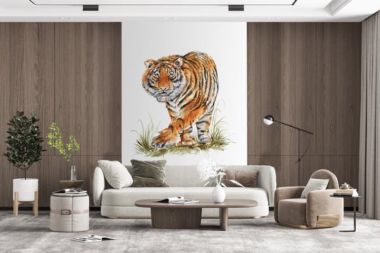 Behang - Fotobehang Tijger - Poten - Gras - Breedte 160 cm x hoogte 240 cm