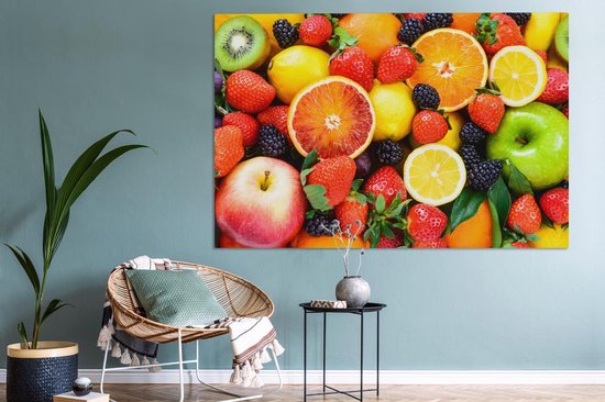 Canvas schilderij 180x120 cm - Wanddecoratie Aardbei - Citroen - Fruit - Muurdecoratie woonkamer - Slaapkamer decoratie - Kamer accessoires - Schilderijen