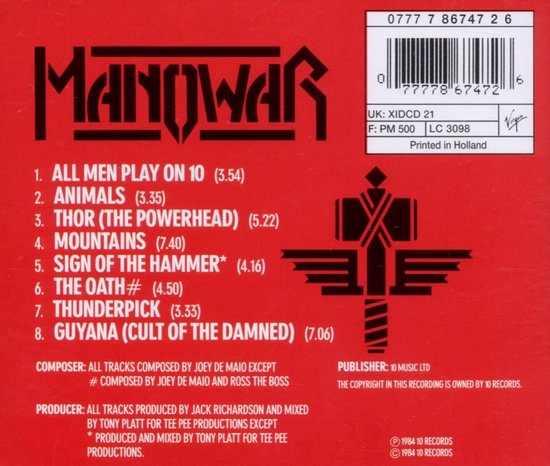 De achterkant van de Manowar "Sign of the Hammer" CD met een tracklist en bandlogo.