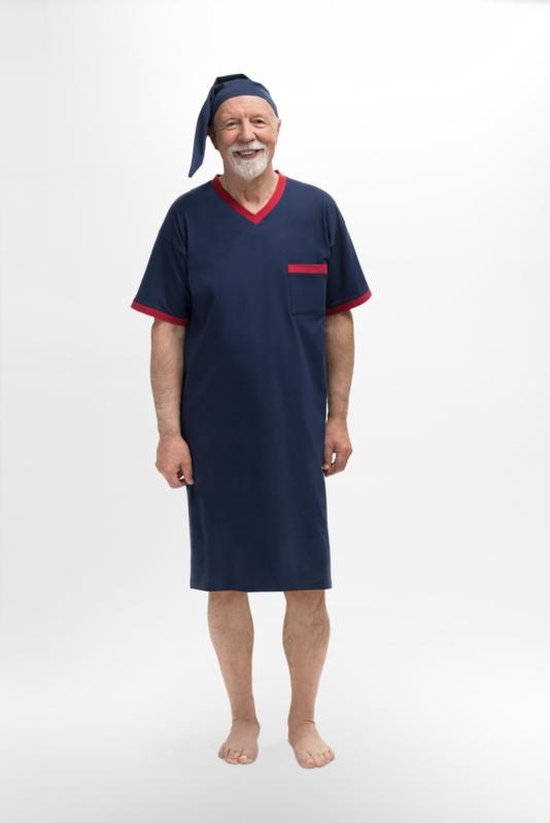 Martel Sylwester heren nachthemd met korte mouwen en slaapmuts- Marineblauw - 4XL