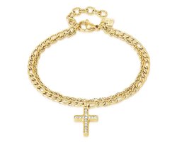 Twice As Nice Armband in goudkleurig edelstaal, kruisje op 2 verschillende kettingen 15cm+3cm