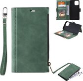 Side Zipper Back Card Horizontale Flip PU Lederen Case met Kaartsleuven & Portemonnee & Fotolijst & Lanyard Voor iPhone 13 mini (Groen)