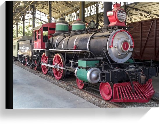Canvas  - Trein met Rode en Groene Details - 40x30cm Foto op Canvas Schilderij (Wanddecoratie op Canvas)