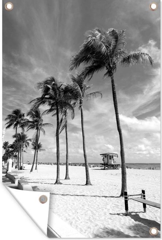 Tuindecoratie Palmbomen aan het strand van Miami Beach - zwart wit - 40x60 cm - Tuinposter - Tuindoek - Buitenposter