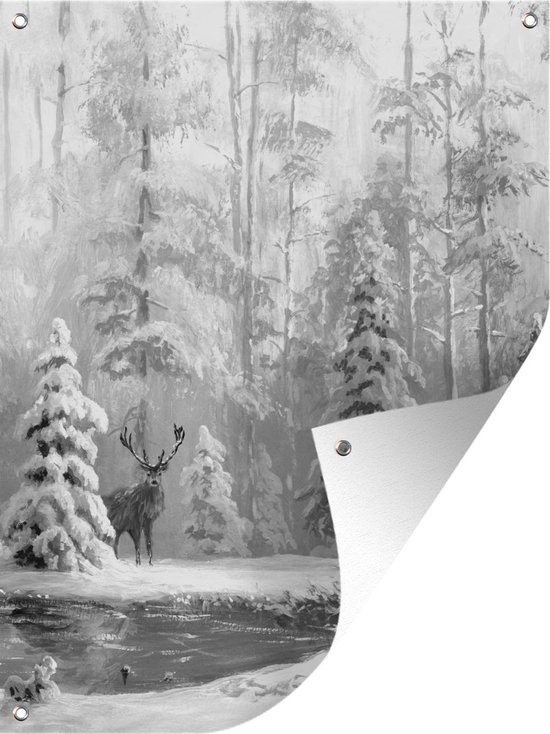 Tuinschilderij Schilderij van een hert in een winters bos - zwart wit - 60x80 cm - Tuinposter - Tuindoek - Buitenposter