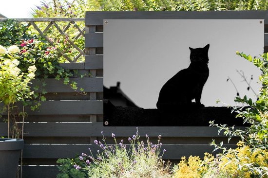 Affiche jardin - Toile Posters de jardin extérieur - Silhouette de chat - noir et blanc - 120x80 cm - Jardin