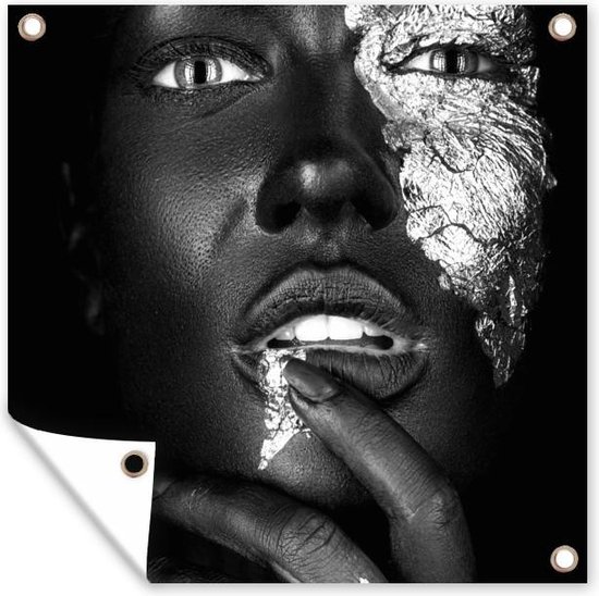 Posters de jardin Femme noire aux reflets argentés - noir et blanc - 50x50 cm - Toile de jardin - Affiche extérieure