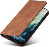 Voor Samsung Galaxy A12 5G Huid-gevoel Kalfsleer Textuur Magnetische Dual-Fold Horizontale Flip Lederen Case met Houder & Kaartsleuven & Portemonnee (Bruin)