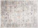 Un tapis gris clair, posé à plat, avec un motif oriental central et une bordure grise décorative.