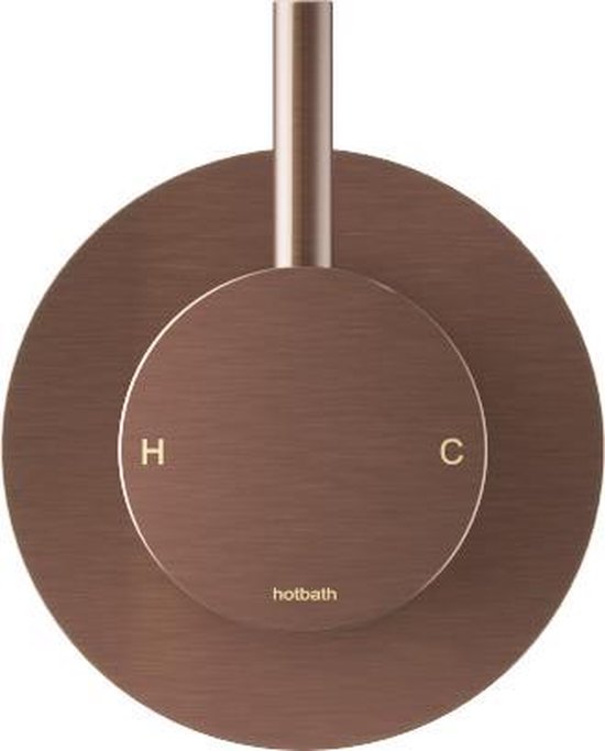 Ronde inbouwthermostaat van Hotbath in geborsteld koper met H- en C-markering.