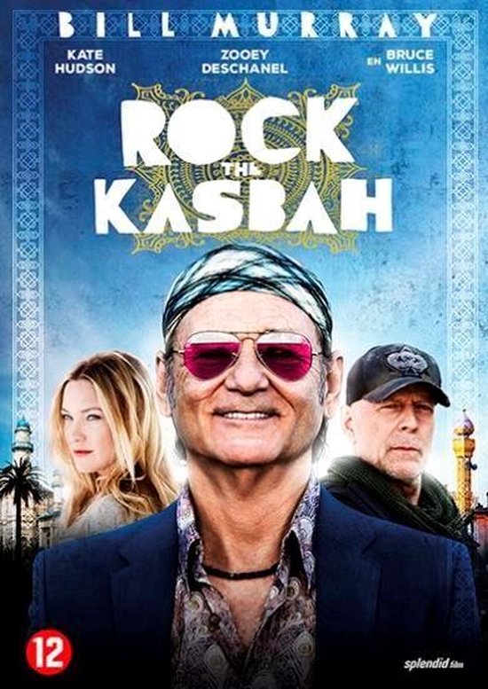 Bill Murray met zonnebril en hoofddoek, naast Kate Hudson en Bruce Willis. Film 'Rock the Kasbah'.