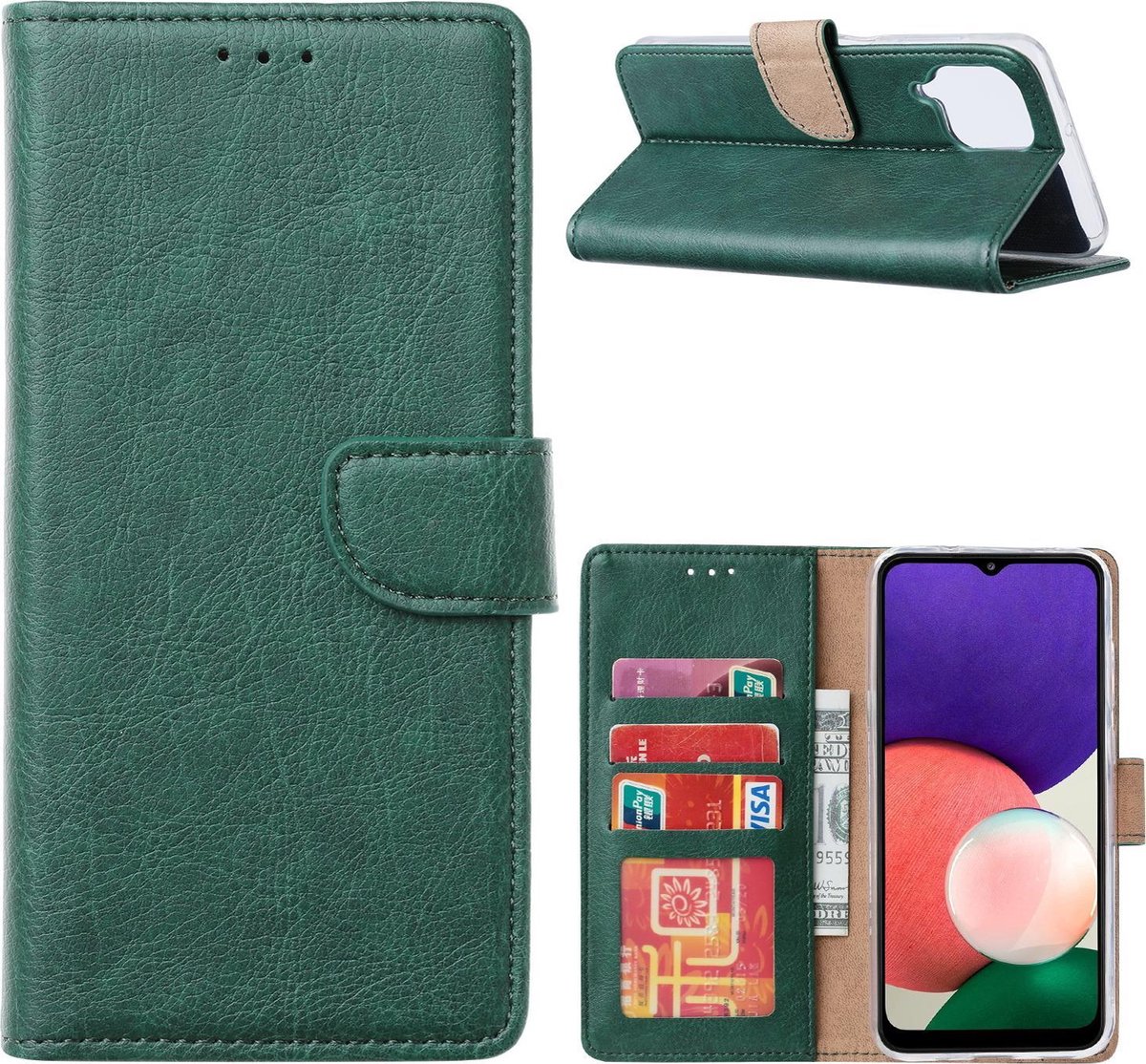 Hoesje Geschikt Voor Samsung Galaxy A22 hoesje bookcase Groen - Hoesje Geschikt Voor Samsung Galaxy A22 5G hoesje portemonnee wallet case - Hoesje A22 5G book case hoes cover