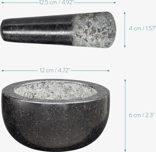 Navaris vijzel met stamper van graniet - Granieten vijzel voor kruidenmixen, pesto en dips - Set inclusief stamper voor fijnmalen - Ø 12 cm - Navaris