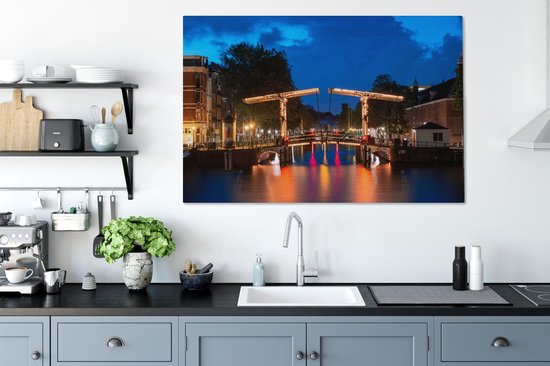 Peintures sur toile Amsterdam - Pont - Nuit - 120x80 cm - Décoration murale
