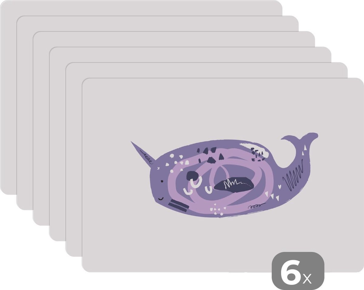 Placemat - Placemats kunststof - Vis - Dieren - Paars - Aquarel - 45x30 cm - 6 stuks - Hittebestendig - Anti-Slip - Onderlegger - Afneembaar