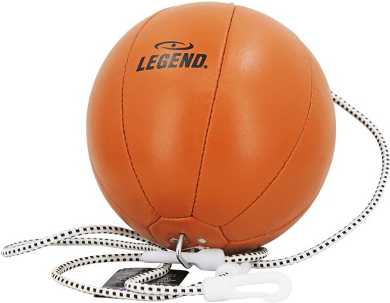 Oranje leren LEGEND dubbelzijdige boksbal met zwart-wit gestreepte koord en clips.