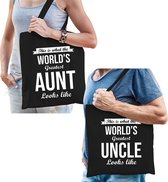 Worlds greatest Aunt en Uncle tasje zwart - Cadeau boodschappentasjes set voor Oom en Tante - Cadeau Oom en Tante