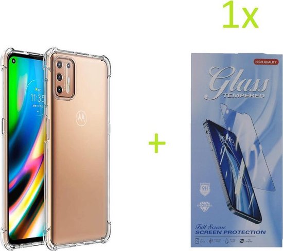 Motorola Moto G9 Plus - Housse de protection en silicone Bumper - Transparent + 1X Protecteur d'écran en Tempered Glass trempé