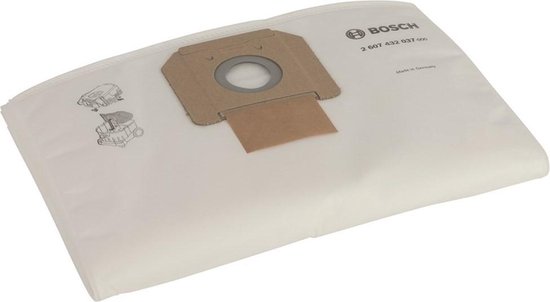 Witte Bosch stofzuigerzak, met bruin kartonnen mondstuk en grijze ring, met pictogrammen en productinformatie.