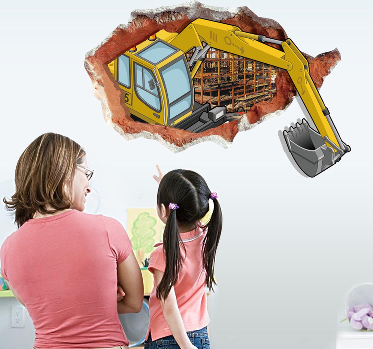 Jodeledokie Muursticker Graafmachine Breekt Door Muur 92 x 62 cm Geel