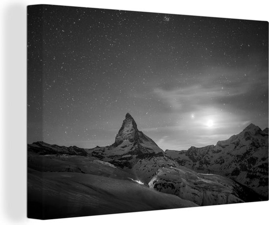 Canvas Schilderij Matterhorn onder sterrenhemel - zwart wit - Wanddecoratie