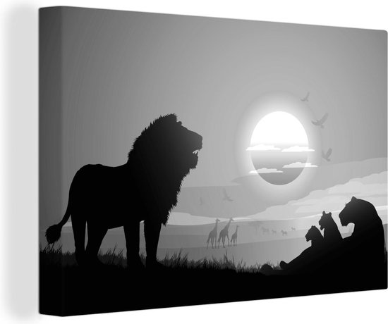 Canvas Schilderij Illustratie van een landschap in Afrika tijdens een zonsondergang - zwart wit - 30x20 cm - Wanddecoratie