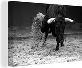 Peinture sur toile Un taureau qui court dans un bac à sable - noir et blanc - 60x40 cm - Décoration murale