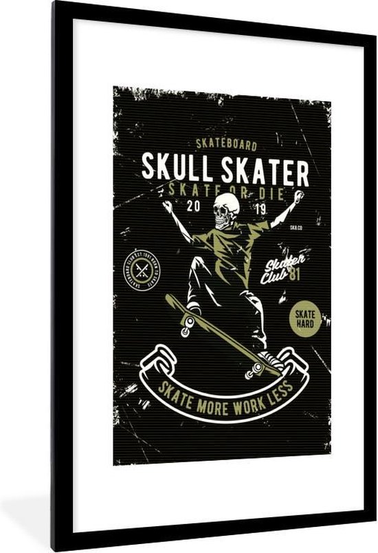 Fotolijst incl. Poster - Skelet - Skateboard - Vintage - Quote - 60x90 cm - Posterlijst