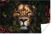 Poster Jungle - Leeuw - Bloemen - Planten - 120x80 cm