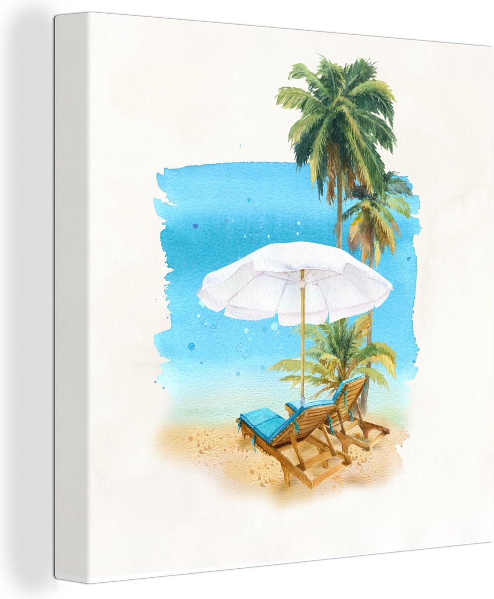 Canvas Schilderij Strandstoel - Parasol - Palmboom - 90x90 cm - Wanddecoratie