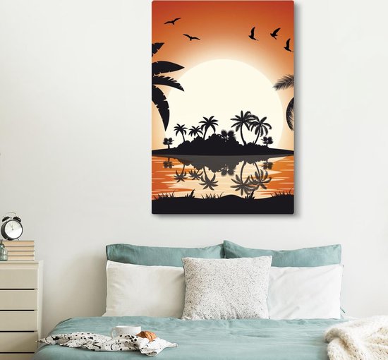 Toile Peinture Soleil - Ile - Mer - 120x180 cm - Décoration murale XXL