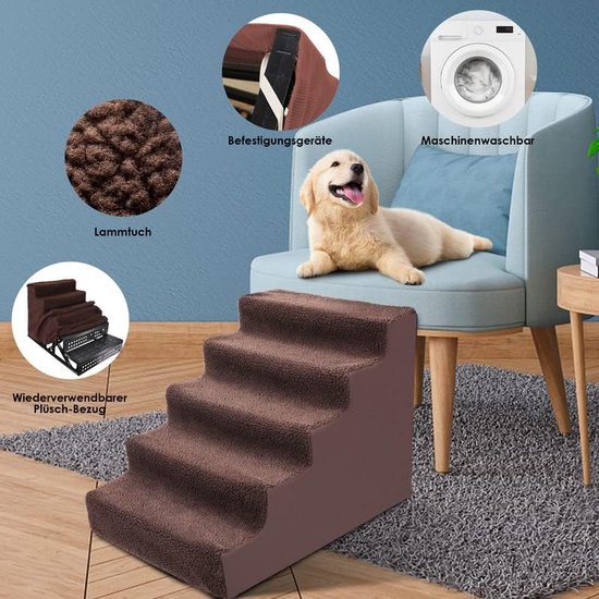 YRHome Huisdiertrap, hondentrap, inklapbaar, met 4 treden, antislip tapijtvloer, kattentrap, hondenhelling, dierentrap, 61 x 38 x 49 cm, voor hond en kat tot 75 kg, grijs, bed, bank, auto