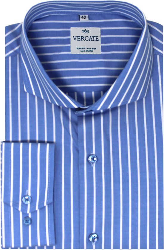 Vercate - Strijkvrij Overhemd - Blauw Wit - Blauw gestreept - Slim Fit - Poplin Katoen - Lange Mouw - Heren - Maat 40/M