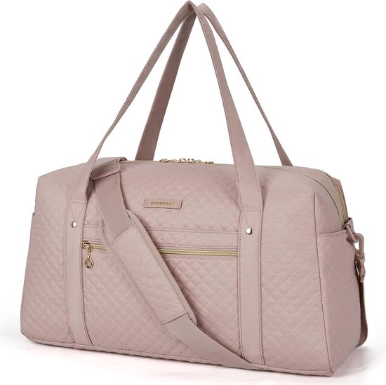 Grote weekendtas voor dames - Roze - Met 15.6 inch laptop vak - 49 x 29 x 21 cm - Reistas, handbagage, schoudertas met schouderriem - Gouden details