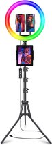 Ringlamp met Statief Smartphone - 2 Telefoons en Tabletstandaard - 12 Helderheden Verlichting - Muziekmodus - 48 RGB-Lichtmodus - Led lamp - Ringlight met Statief voor Selfies, Tik Tok ,Vlog en YouTube