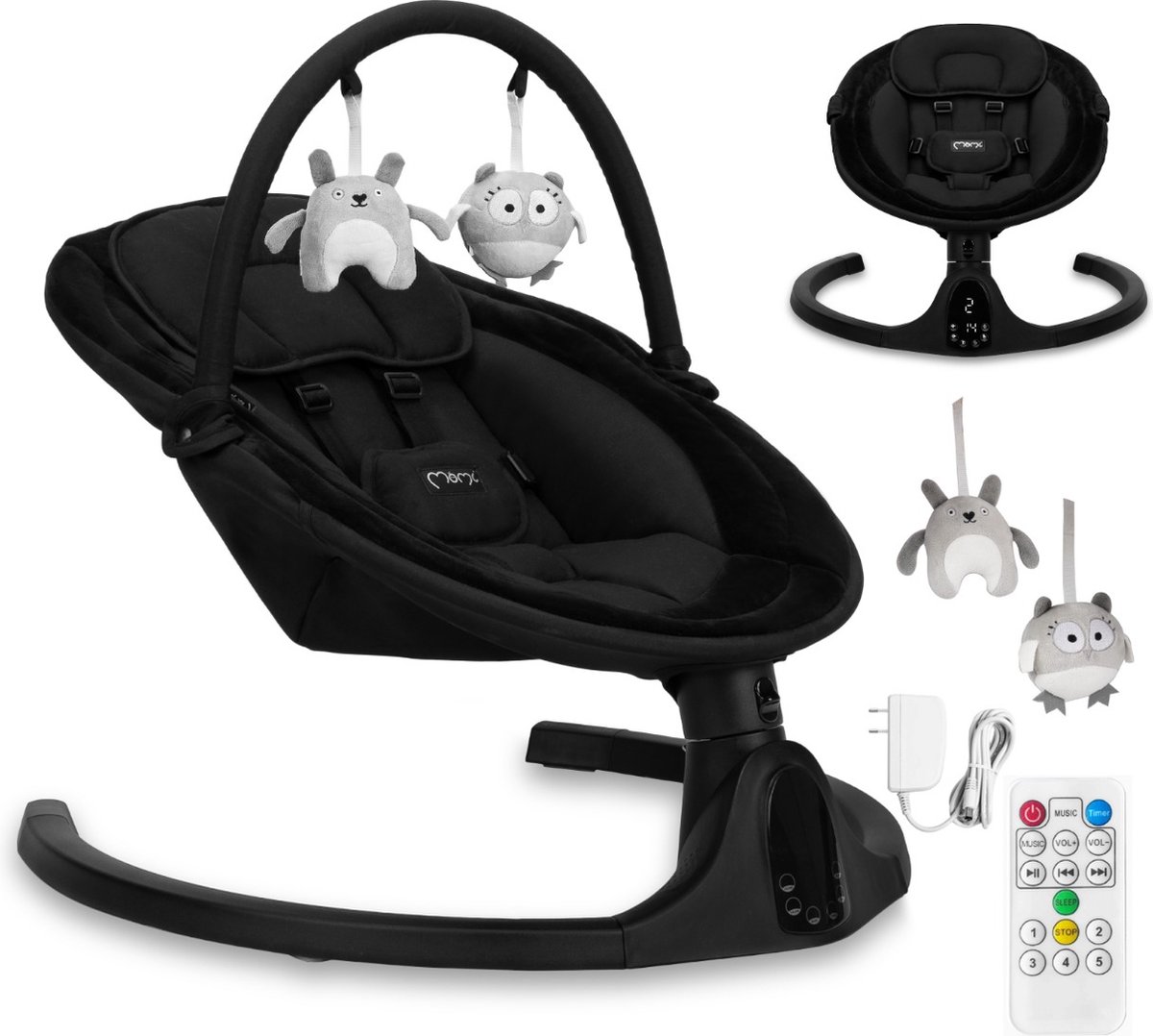MoMi Kenani Onyx - Elektrische Babyschommel - Bluetooth - Afstandsbediening - 5 Schommelsnelheden - Zwart